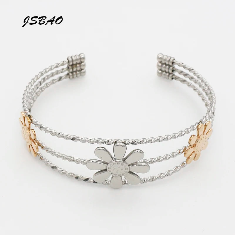 Women's Flower Bracelet Bangle Stainless Steel Cuff