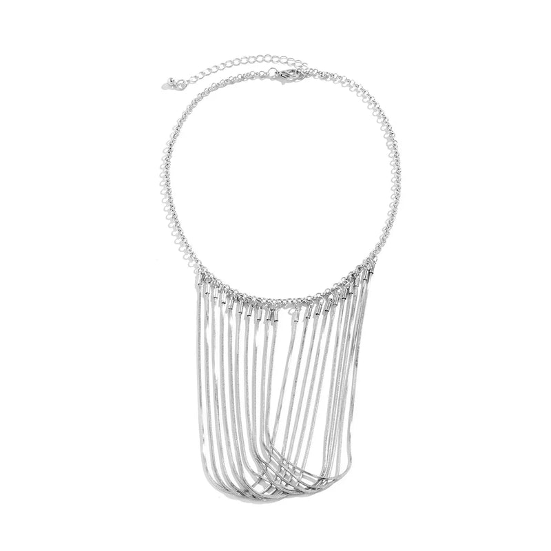 Snake Chain Tassel Necklace Minimalist Silver Metal Statement