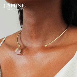 JShine Irregular Pink Crystal Collar Metal Open CHOKER Necklace