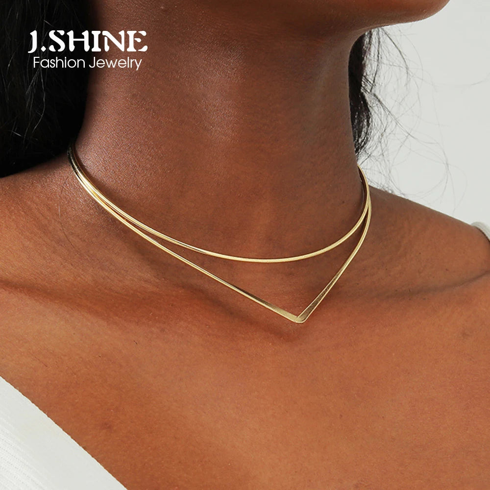 JShine Double Layer Lines Metal CHOKER Necklace