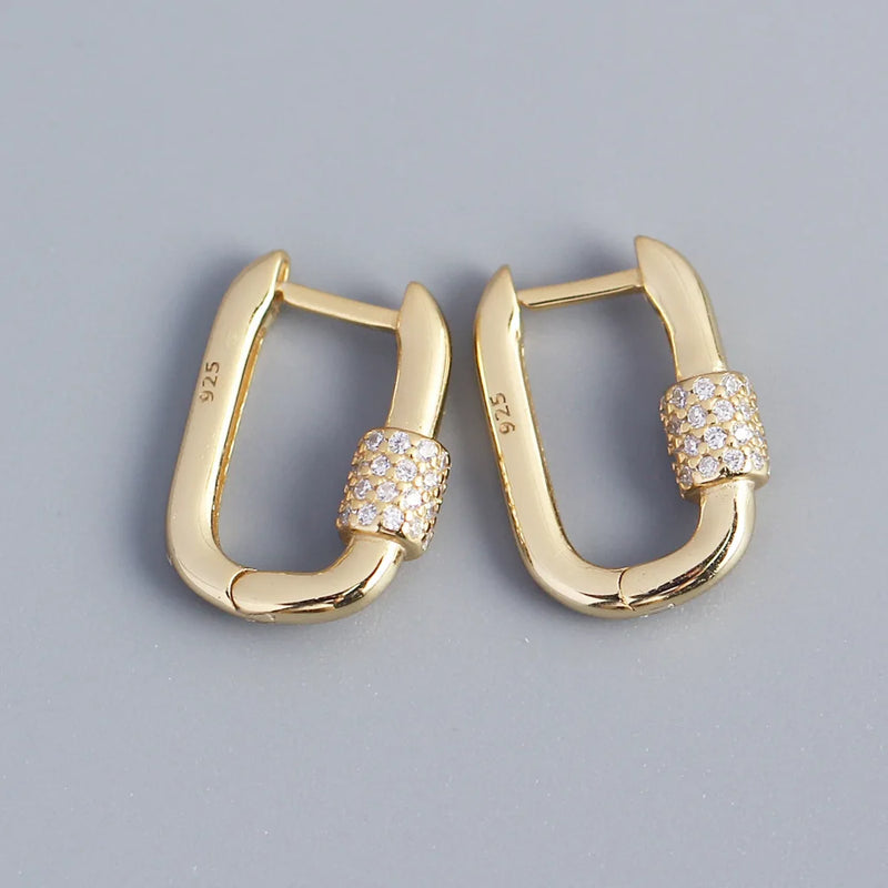 Geometric Earrings S925 Silver Oval CZ Paved Hoop Earrings