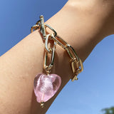 JShine Heart Charm Crystal Bracelet Pink Pendant Thick Chain Hand Jewelry