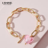 JShine Heart Charm Crystal Bracelet Pink Pendant Thick Chain Hand Jewelry