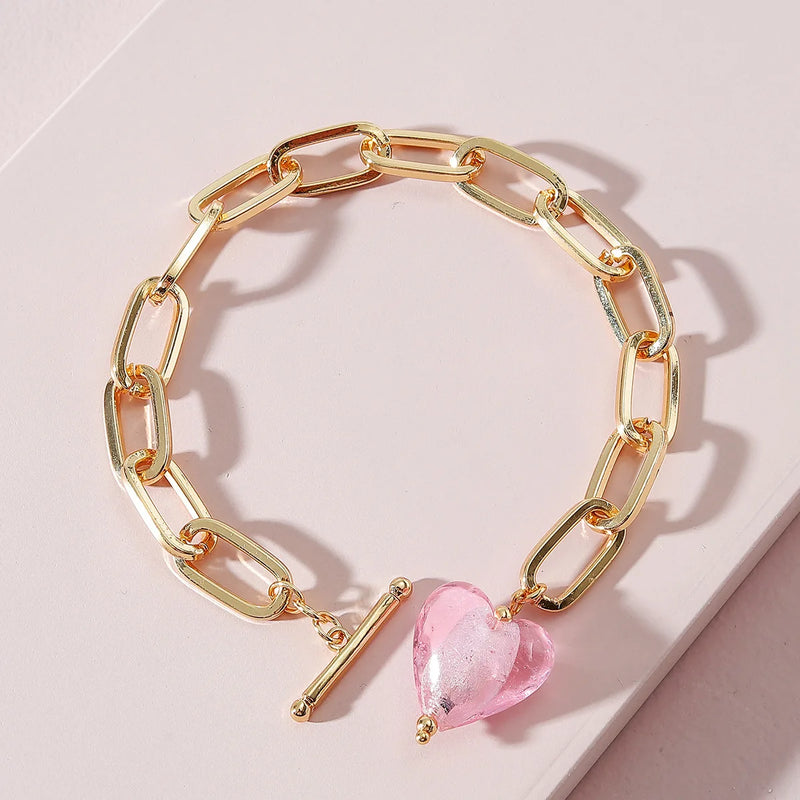 JShine Heart Charm Crystal Bracelet Pink Pendant Thick Chain Hand Jewelry