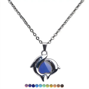 Mood Necklace Double Dolphin Heart Pendant Stainless Steel Chain