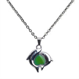 Mood Necklace Double Dolphin Heart Pendant Stainless Steel Chain
