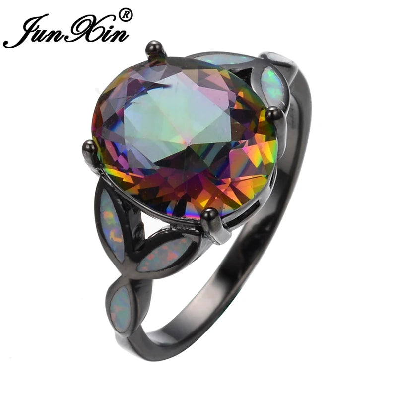 Large Rainbow Opal Band 10KT Filled Engagement Ring