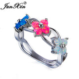 Rainbow Opal Flower Wedding Ring - White/Pink/Blue Fire Opal