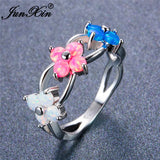 Rainbow Opal Flower Wedding Ring - White/Pink/Blue Fire Opal