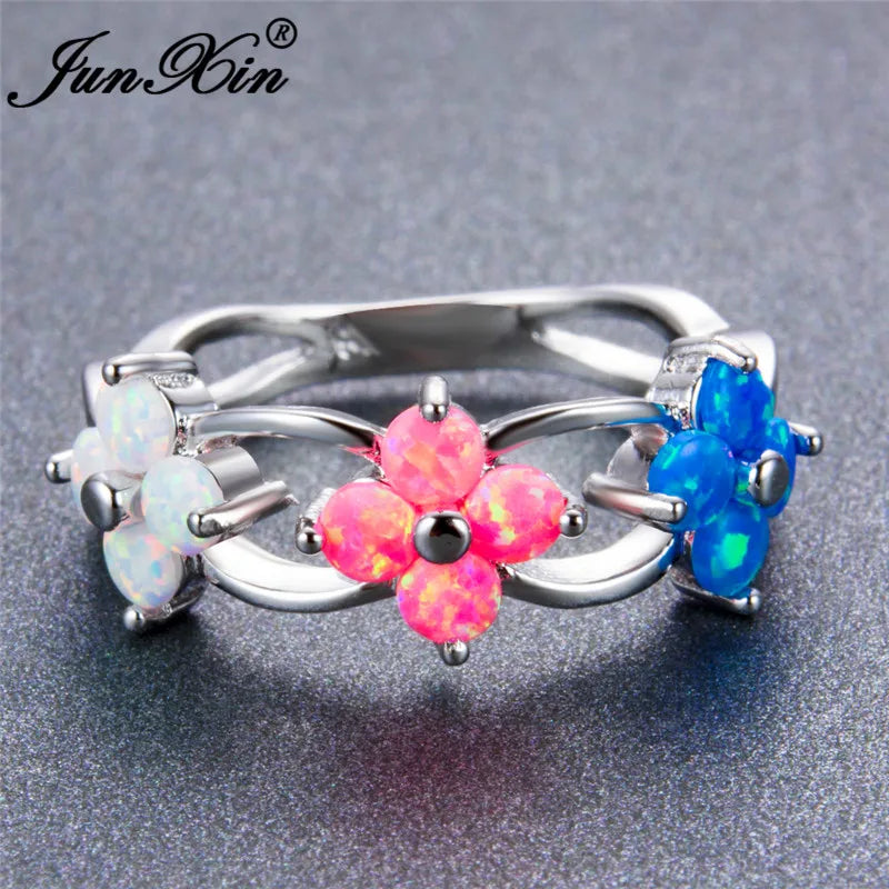Rainbow Opal Flower Wedding Ring - White/Pink/Blue Fire Opal