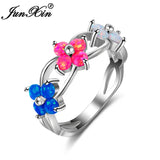 Rainbow Opal Flower Wedding Ring - White/Pink/Blue Fire Opal