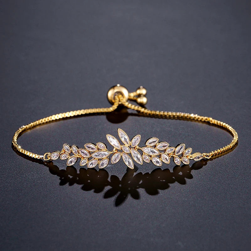 Leaf Zirconia Adjustable Bracelets for Women CZ Crystal Bridal Wedding