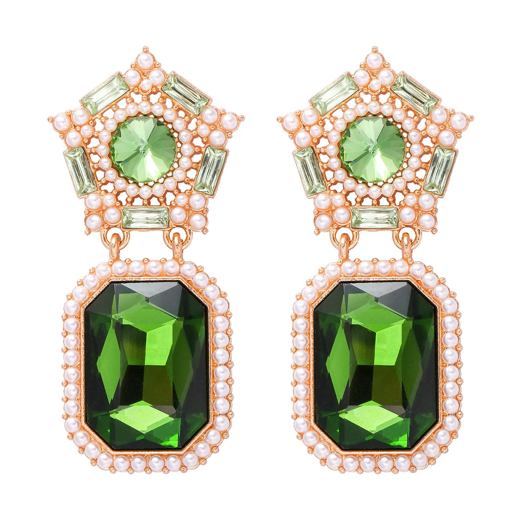 Green Crystal Geometric Drop Earrings with Pearls