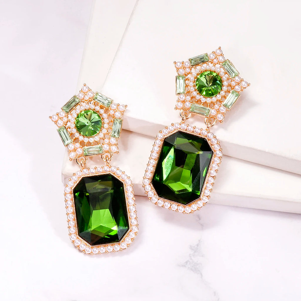 Green Crystal Geometric Drop Earrings with Pearls