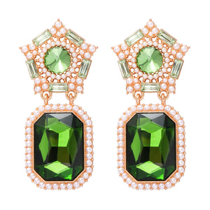 Green Crystal Geometric Drop Earrings with Pearls