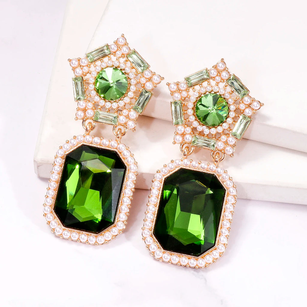 Green Crystal Geometric Drop Earrings with Pearls