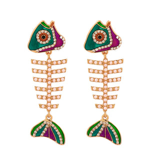 Vintage Fishbone Drop Earrings Enamel Pearls Rhinestone