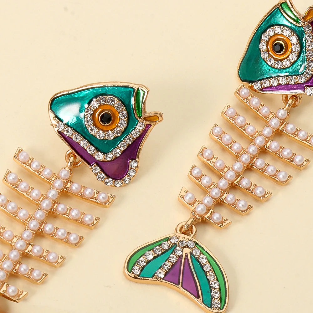 Vintage Fishbone Drop Earrings Enamel Pearls Rhinestone