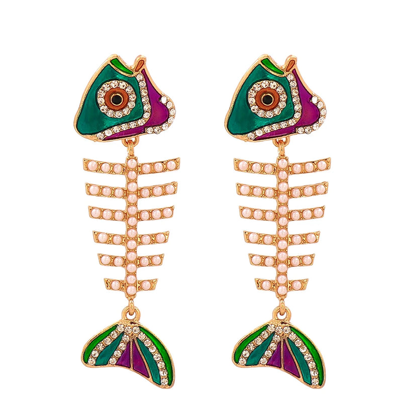 Vintage Fishbone Drop Earrings Enamel Pearls Rhinestone