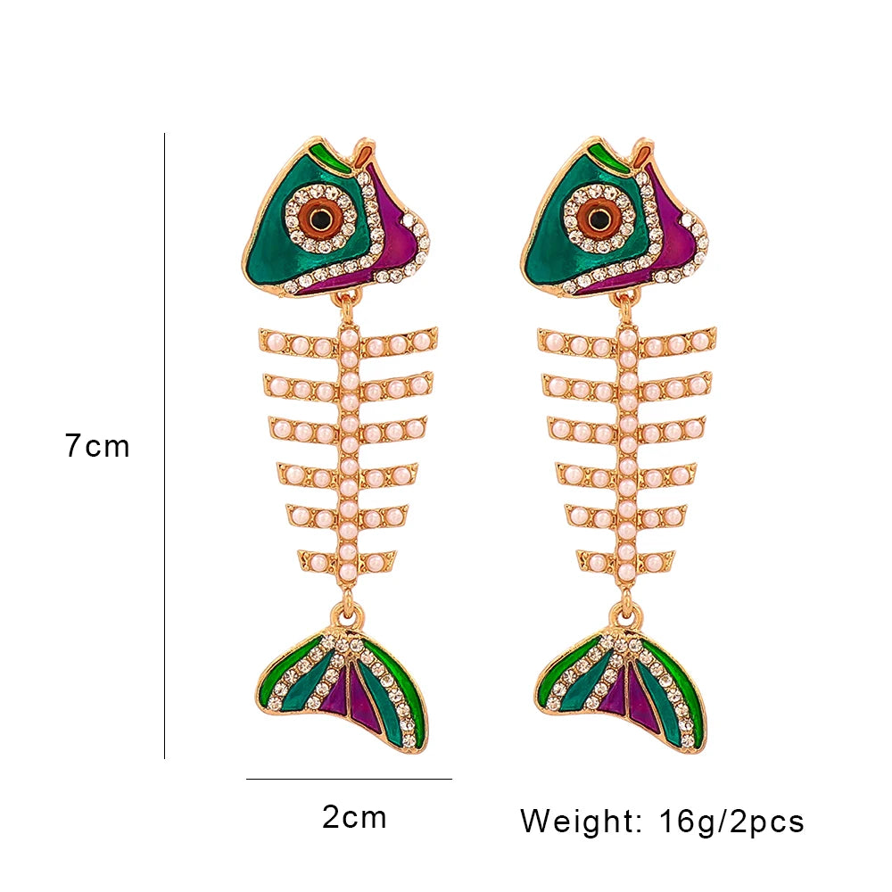 Vintage Fishbone Drop Earrings Enamel Pearls Rhinestone