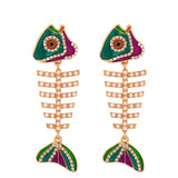 Vintage Fishbone Drop Earrings Enamel Pearls Rhinestone