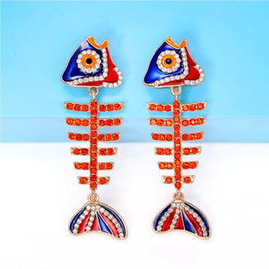 Vintage Fishbone Drop Earrings Enamel Pearls Rhinestone