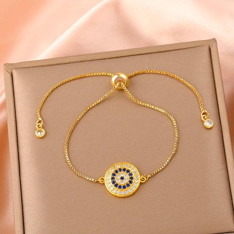Evil Eye Charm Bracelet for Women, Copper Chain, Pull-Out Adjust