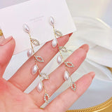 JUWANG 14K Plated Leaves Pearl Earrings Wedding Jewelry
