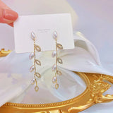 JUWANG 14K Plated Leaves Pearl Earrings Wedding Jewelry