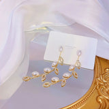 JUWANG 14K Plated Leaves Pearl Earrings Wedding Jewelry