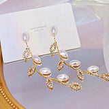 JUWANG 14K Plated Leaves Pearl Earrings Wedding Jewelry