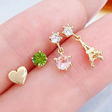 JUWANG Earring Set: Emerald CZ Green Zircon Pink Zircon Pyramid Heart Charm Ears