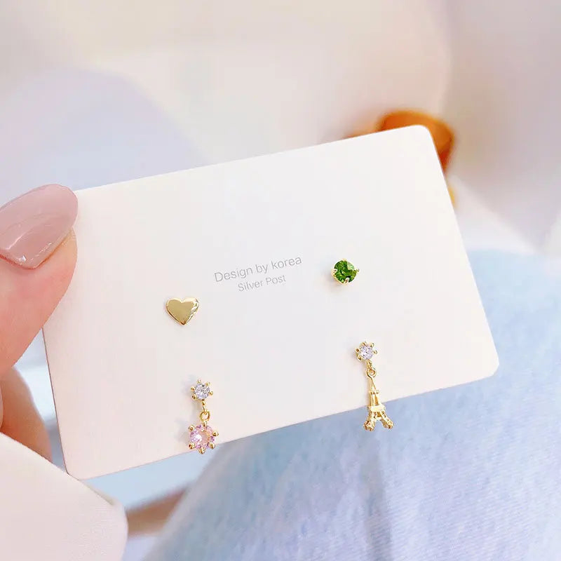JUWANG Earring Set: Emerald CZ Green Zircon Pink Zircon Pyramid Heart Charm Ears
