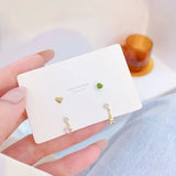 JUWANG Earring Set: Emerald CZ Green Zircon Pink Zircon Pyramid Heart Charm Ears