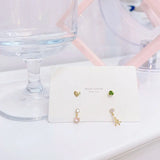 JUWANG Earring Set: Emerald CZ Green Zircon Pink Zircon Pyramid Heart Charm Ears