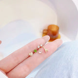 JUWANG Earring Set: Emerald CZ Green Zircon Pink Zircon Pyramid Heart Charm Ears