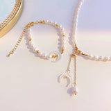 Freshwater Pearl Tassels Necklace Moon Bracelet Set