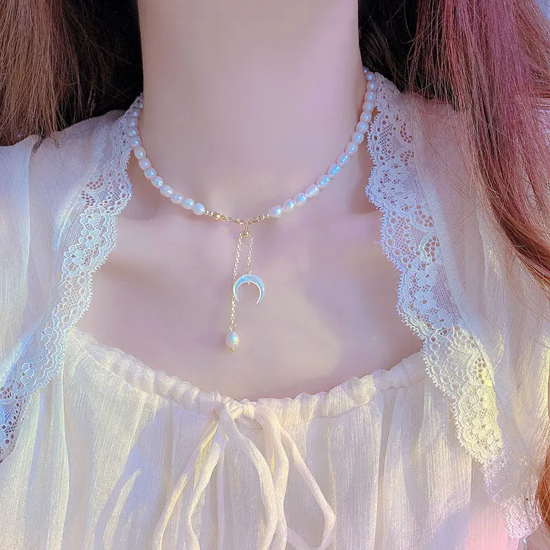 Freshwater Pearl Tassels Necklace Moon Bracelet Set