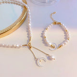 Freshwater Pearl Tassels Necklace Moon Bracelet Set