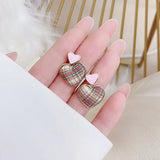 JUWANG Pink Heart Earring Sweet Lattice Pattern Student Temperament Earrings