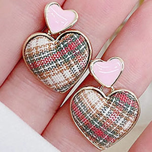 JUWANG Pink Heart Earring Sweet Lattice Pattern Student Temperament Earrings