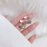 JUWANG Pink Heart Earring Sweet Lattice Pattern Student Temperament Earrings