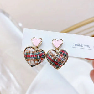 JUWANG Pink Heart Earring Sweet Lattice Pattern Student Temperament Earrings