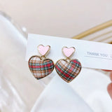 JUWANG Pink Heart Earring Sweet Lattice Pattern Student Temperament Earrings