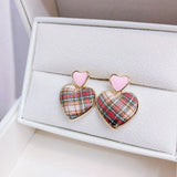 JUWANG Pink Heart Earring Sweet Lattice Pattern Student Temperament Earrings