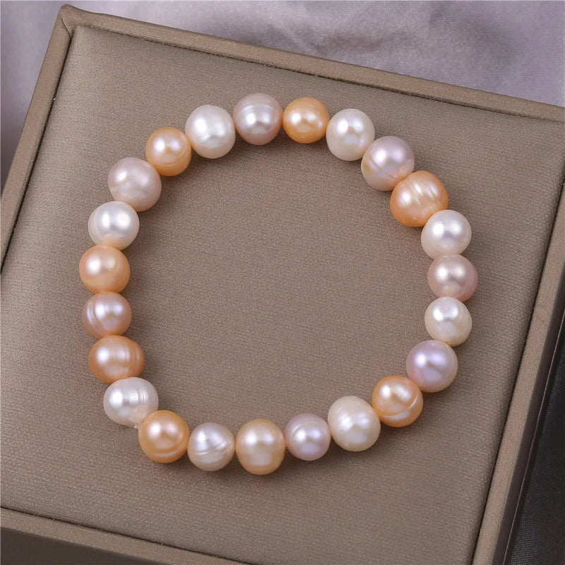 Real Freshwater Natural Pearl Bracelet Pink Round Strand Jewelry