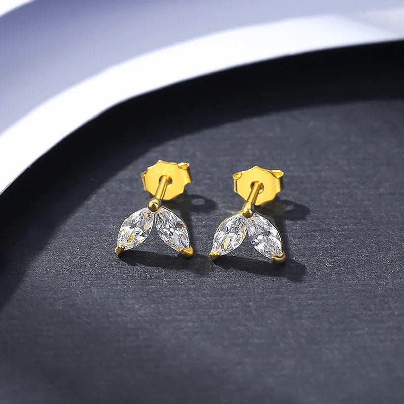 925 Silver Mini Leaf Crystal Stud Earrings Women Tiny CZ Jewelry