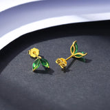 925 Silver Mini Leaf Crystal Stud Earrings Women Tiny CZ Jewelry
