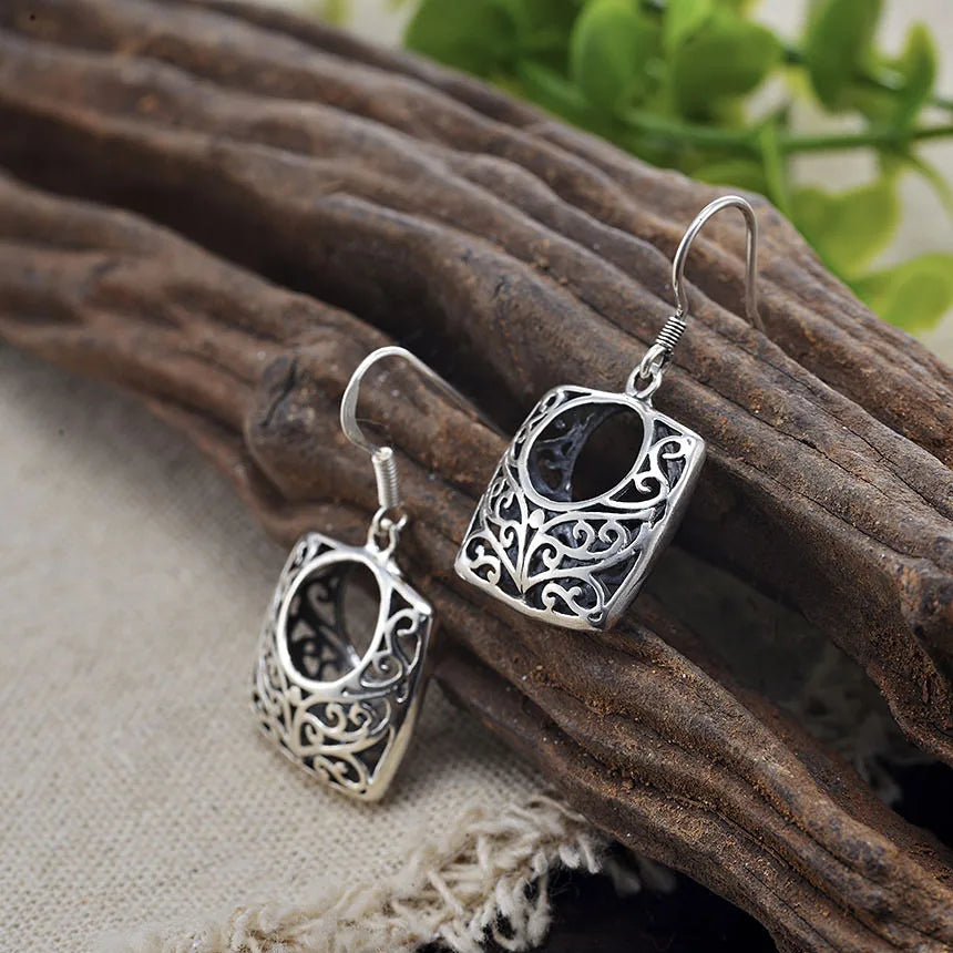 925 Silver Hoop Earrings Vintage Hollow Pattern Women Mothers Gift