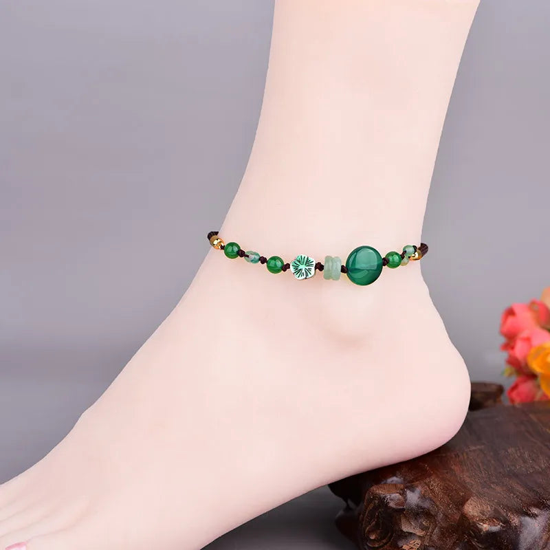 Green Jade Anklet for Women - Vintage Chinese Carved Stone Jewelry